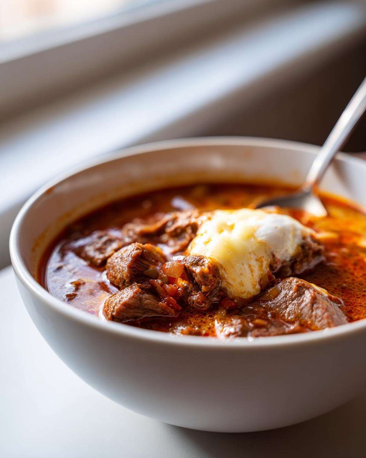 Close-up of a hearty bowl of philly cheese steak soup featuring chunks of beef in a rich broth topped with melted provolone cheese.