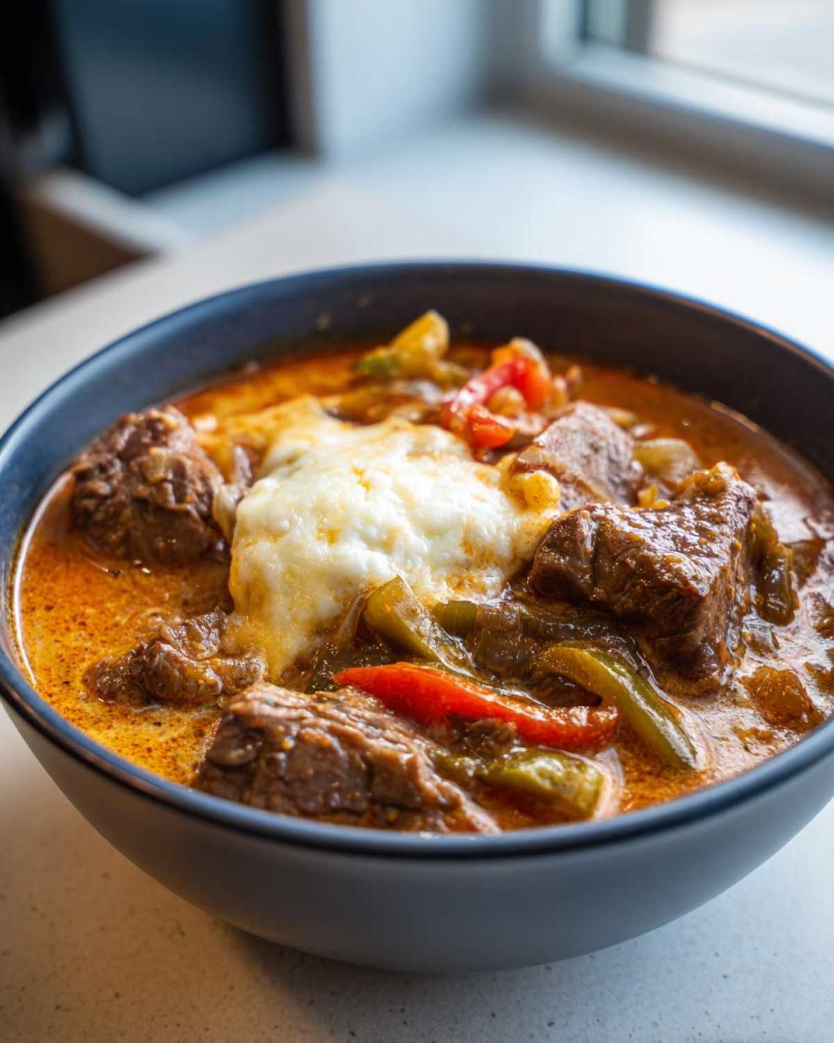 Close-up of a hearty bowl of philly cheese steak soup featuring chunks of beef, peppers, and a dollop of melted white cheese.