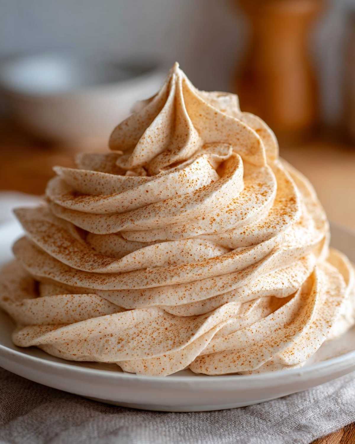 A tall swirl of light brown cinnamon butter, piped high and dusted generously with ground cinnamon.