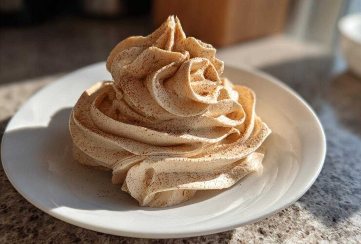 A beautiful swirl of light brown cinnamon butter, dusted with extra cinnamon, served on a small white plate.
