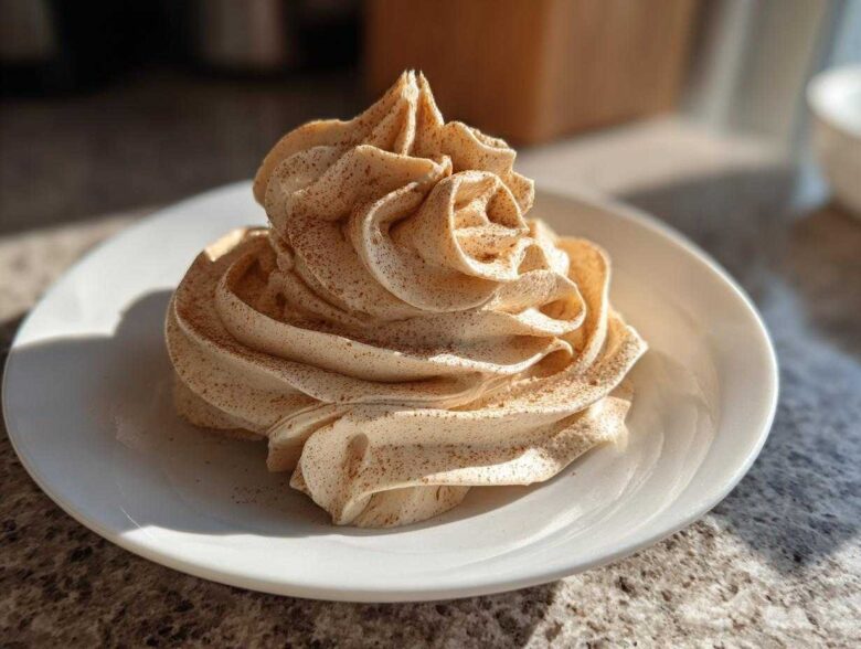 A beautiful swirl of light brown cinnamon butter, dusted with extra cinnamon, served on a small white plate.