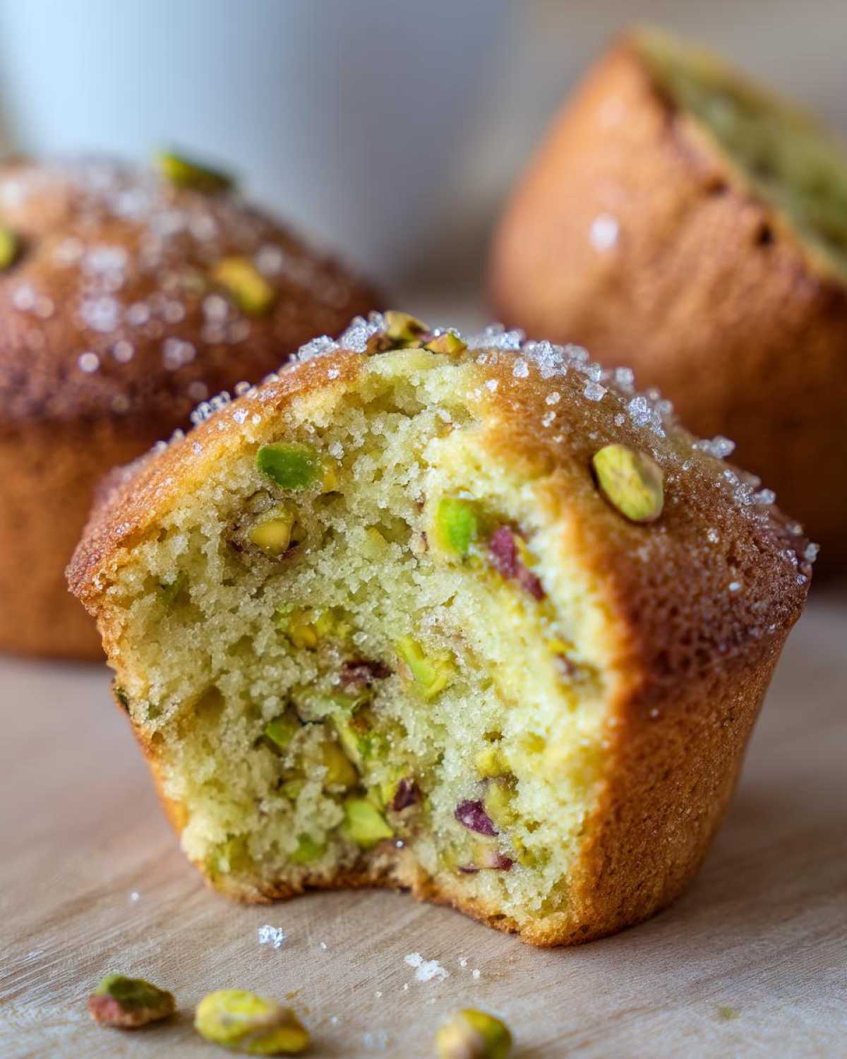 A close-up of a bitten pistachio muffin showing the moist interior filled with green pistachios, topped with coarse sugar.