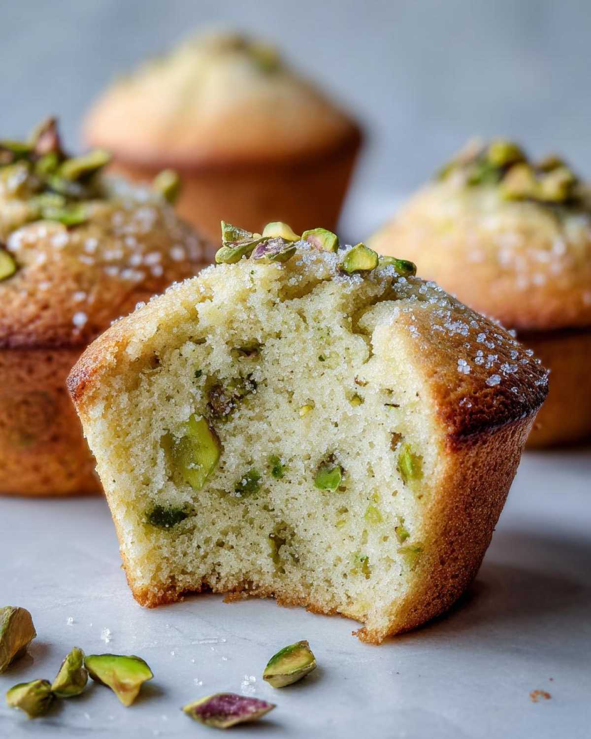 Close-up of a pistachio muffin cut in half showing the crumb texture and green pistachio pieces inside, topped with sugar.