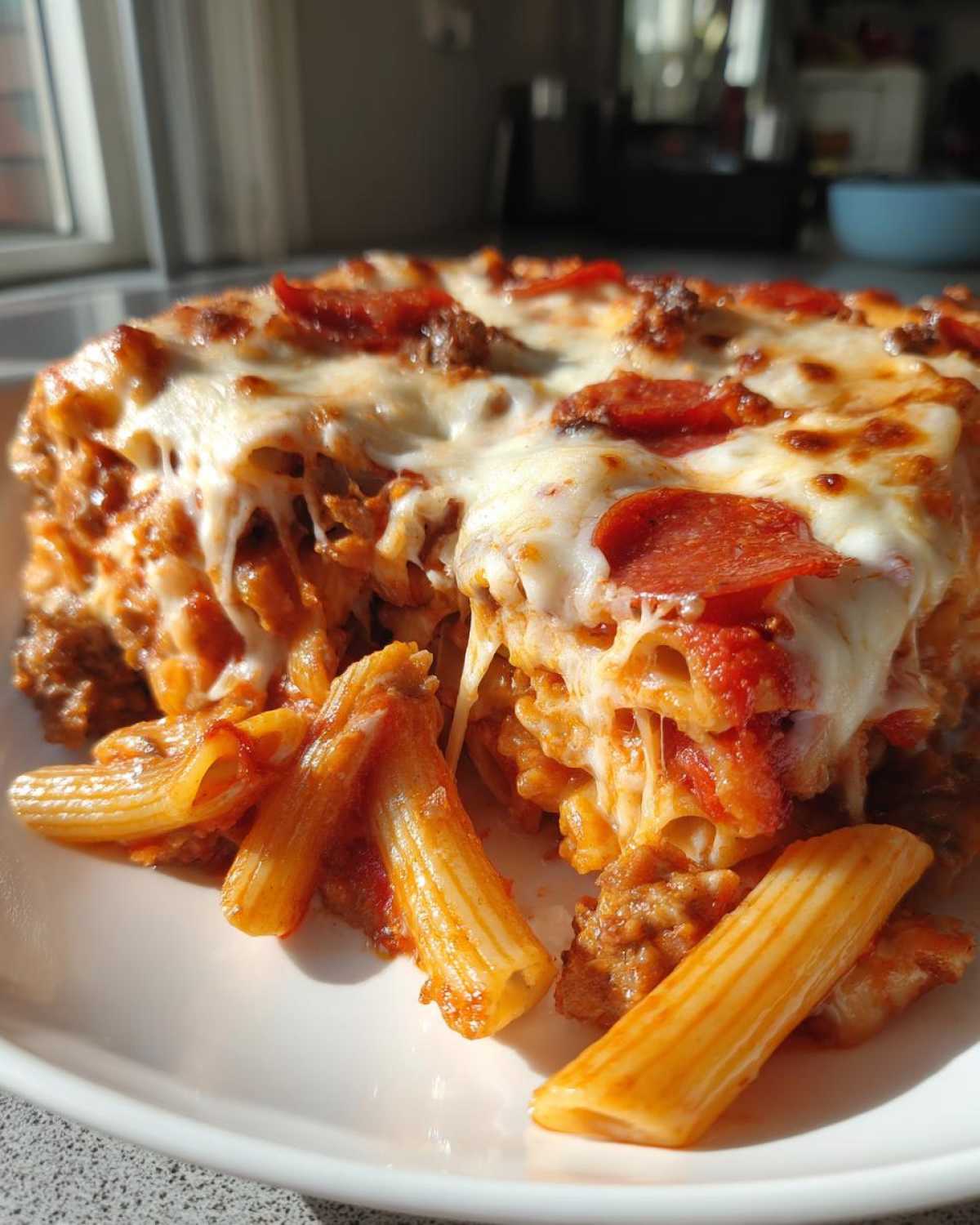 Close-up of a baked slice of pizza pasta, featuring penne noodles, meat sauce, pepperoni, and melted, gooey cheese.