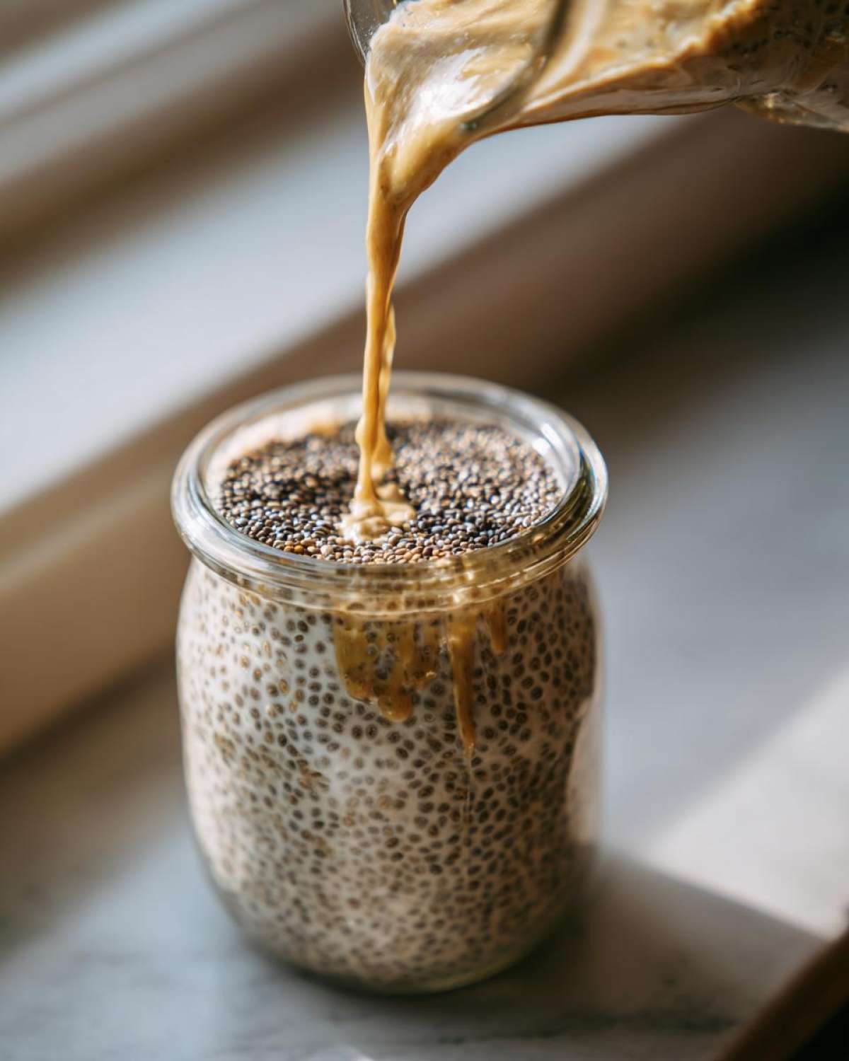 Pouring a thick, creamy topping over a jar filled with prepared chia seed pudding.