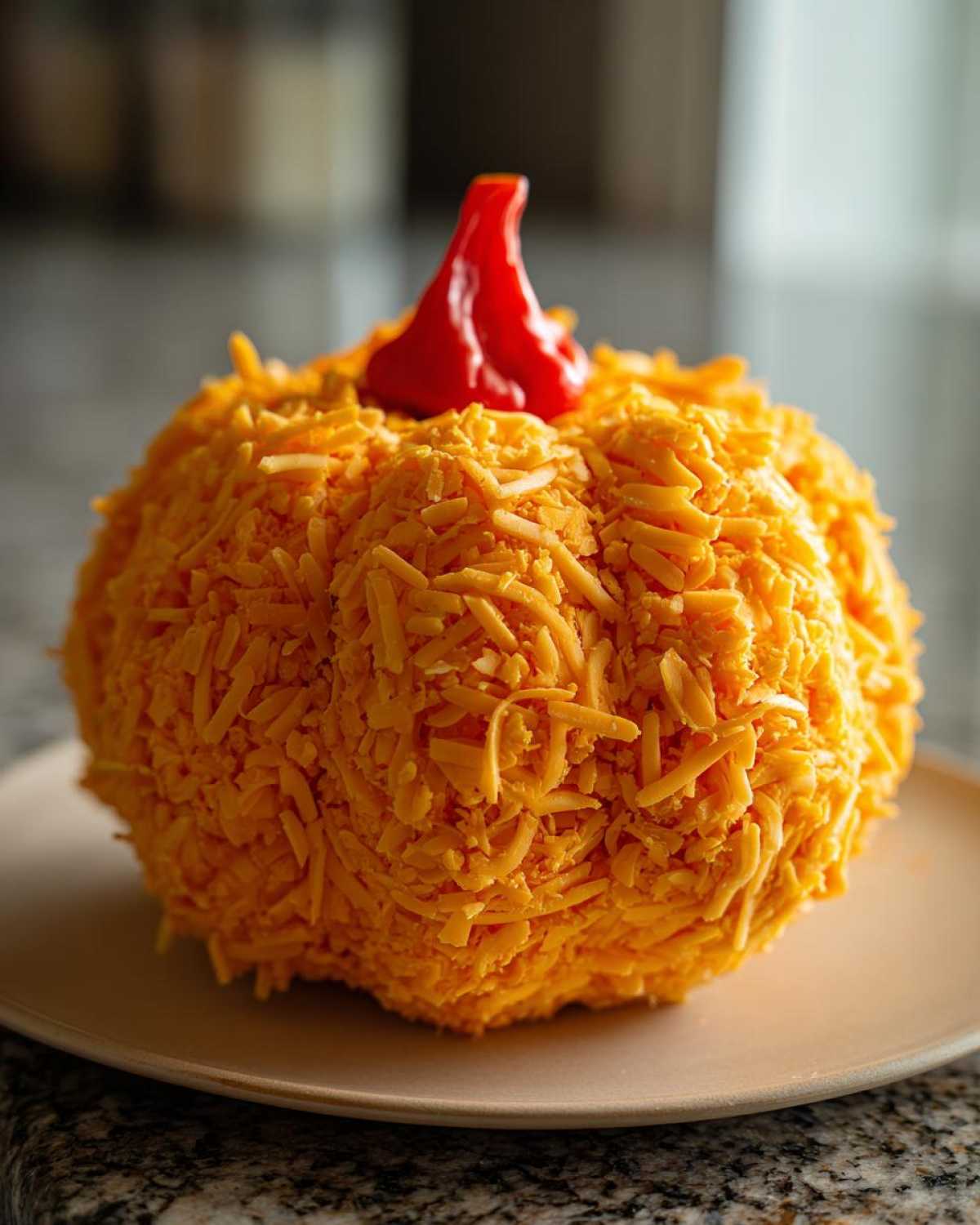 A festive pumpkin cheese ball completely covered in shredded orange cheddar cheese with a red pepper stem.