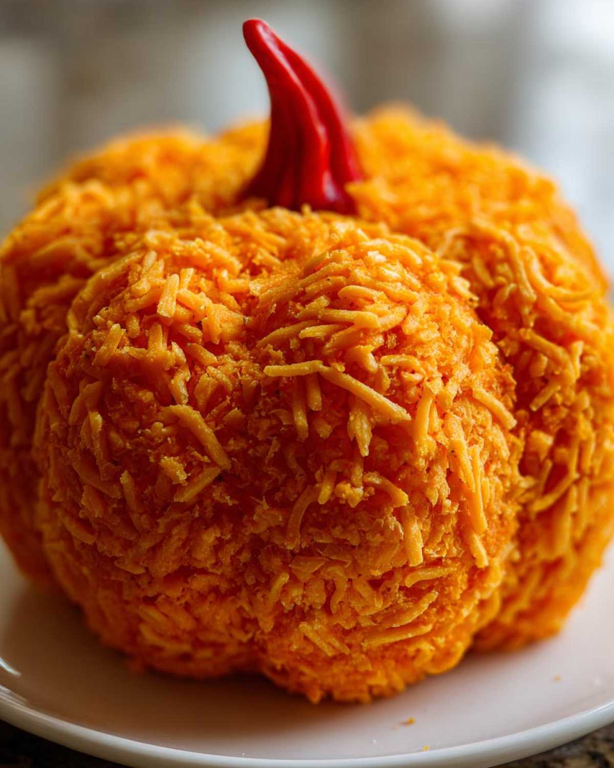 A close-up of a vibrant orange pumpkin cheese ball coated in shredded cheese, featuring a bright red pepper stem.