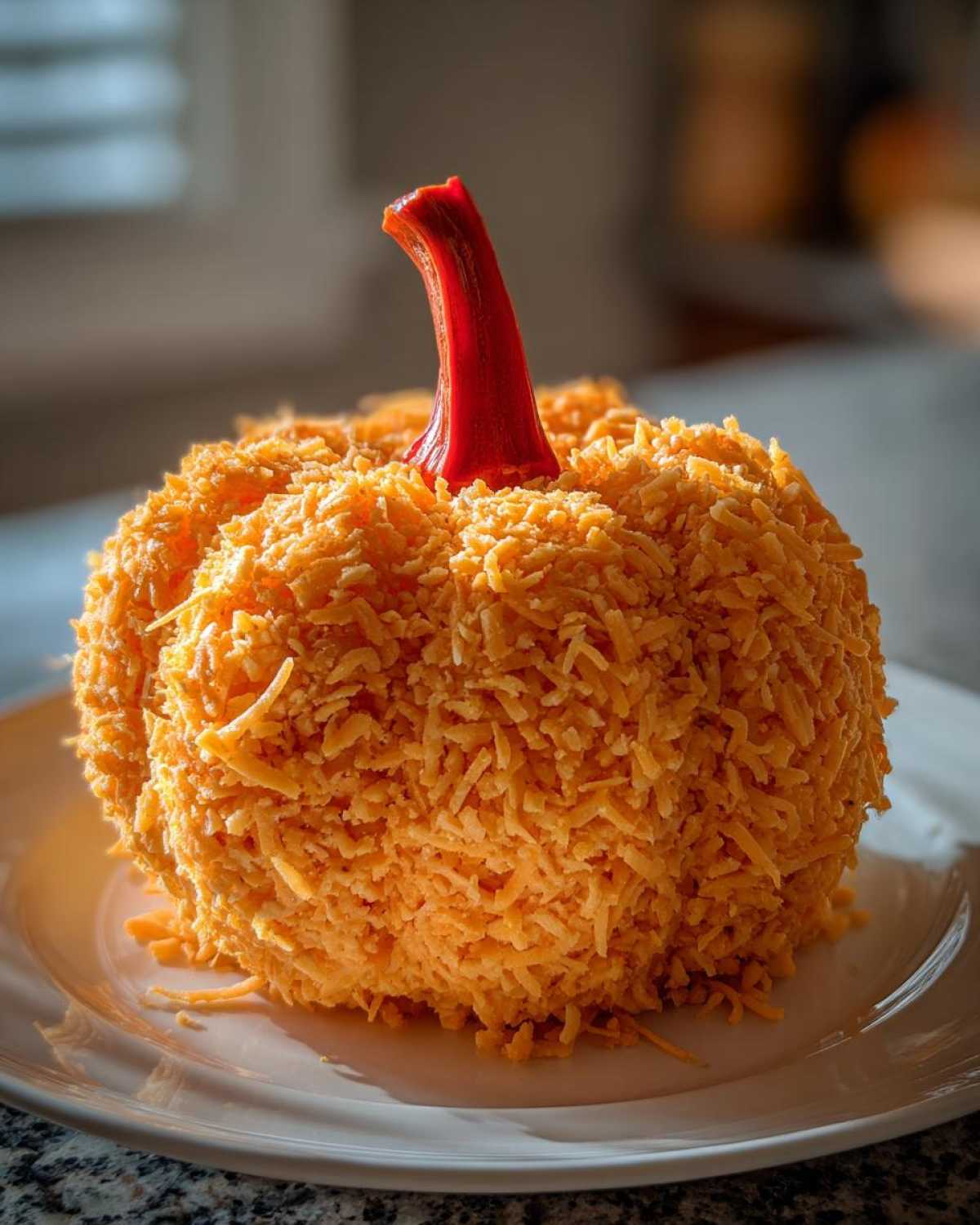 A visually stunning pumpkin cheese ball coated entirely in shredded orange cheddar cheese, topped with a bright red stem.