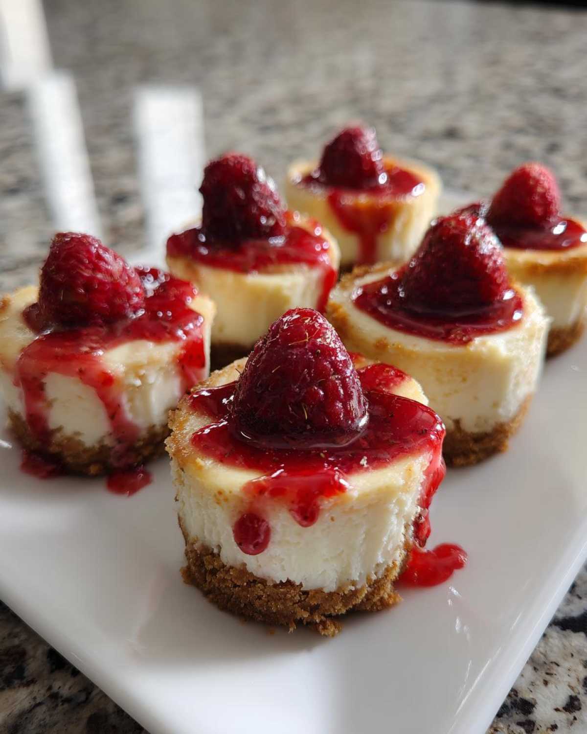 Six individual raspberry cheesecake bites topped with strawberry sauce and fresh raspberries served on a white platter.