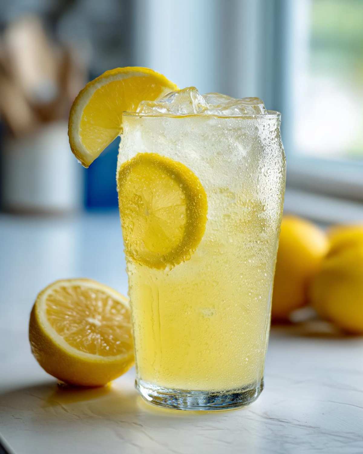 Close-up of a tall, sweating glass filled with cold lemonade, garnished with lemon slices.