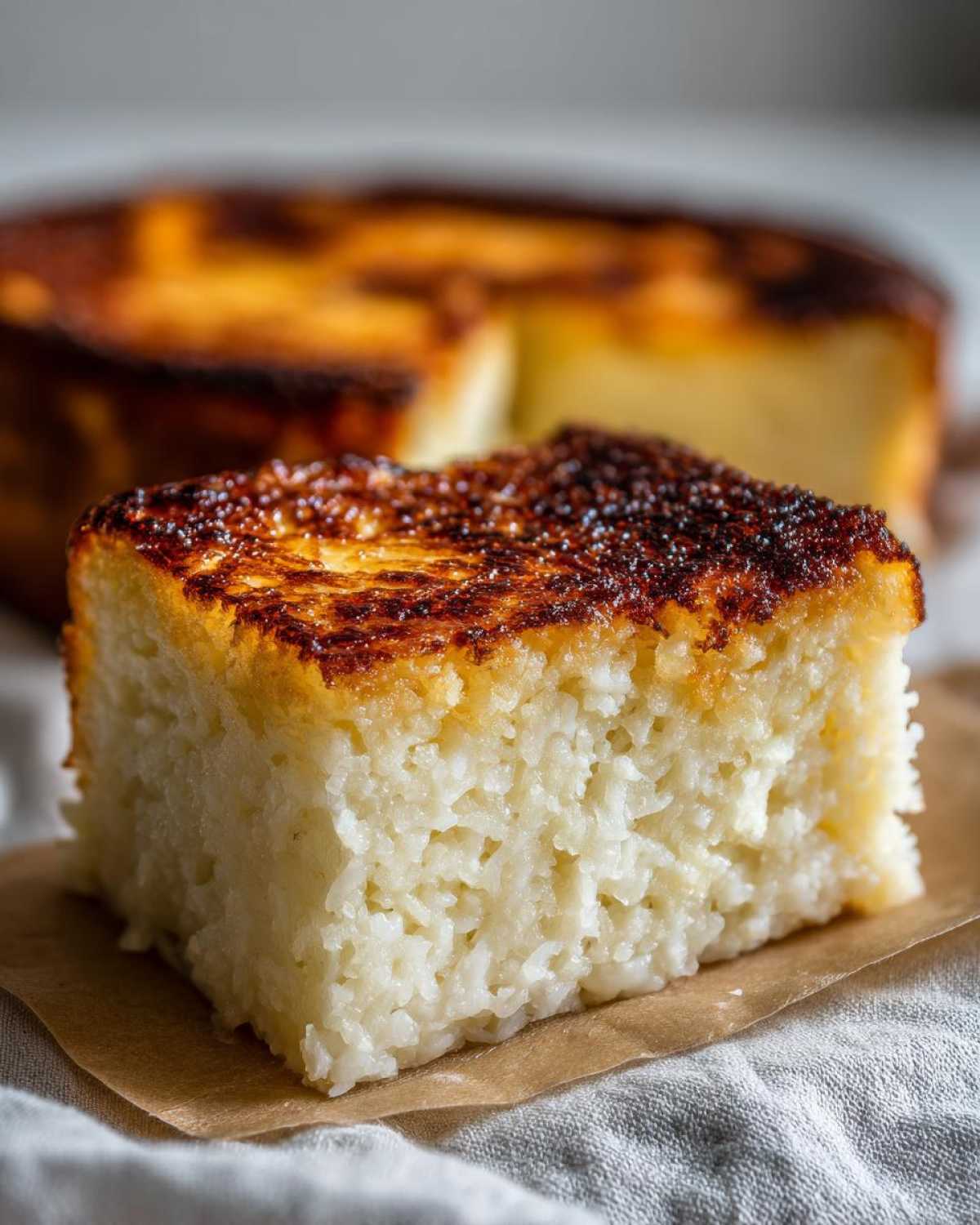 A thick slice of moist cassava cake with a deeply caramelized, golden-brown top, resting on parchment paper.