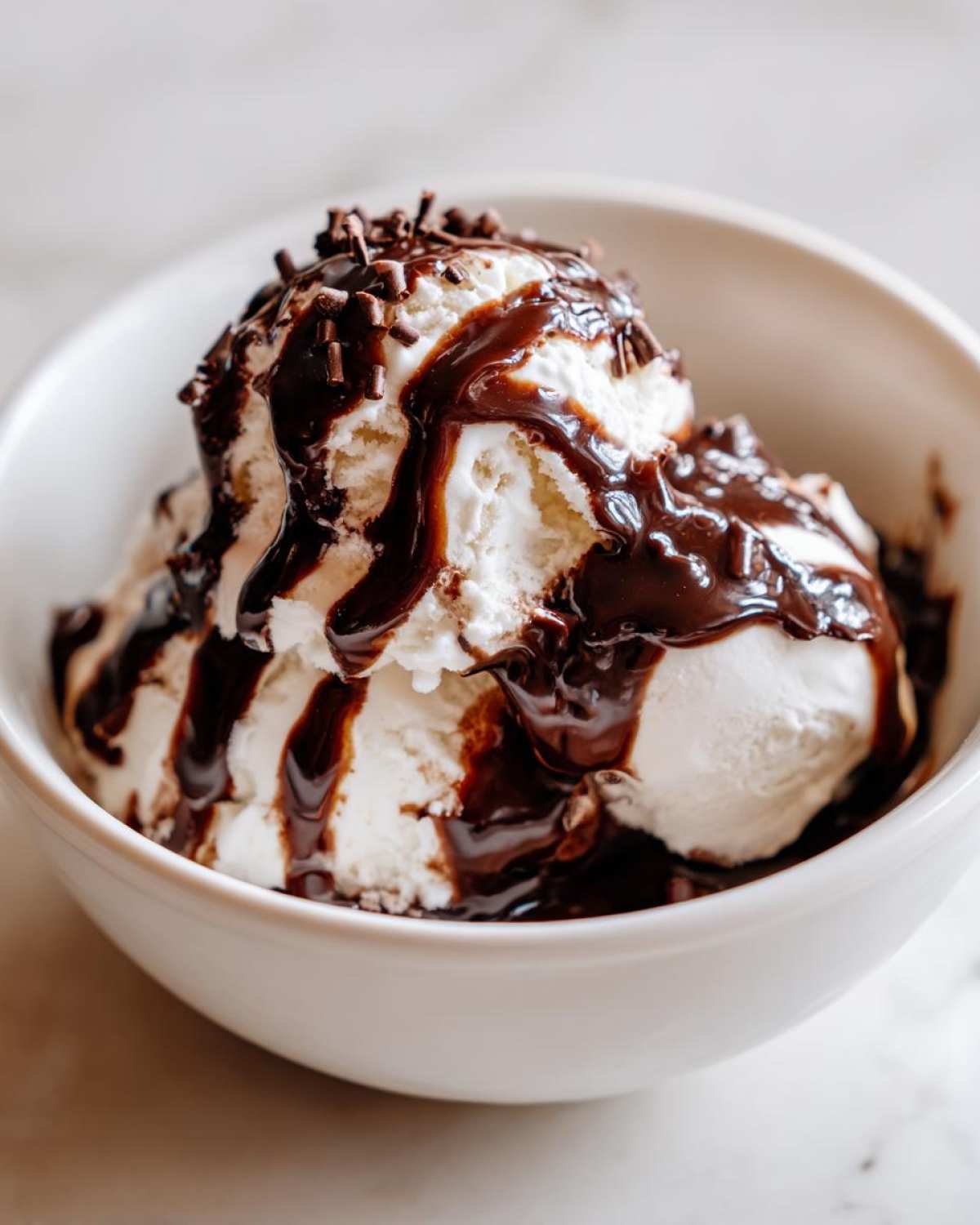 Two scoops of vanilla ice cream in a white bowl generously covered with rich chocolate syrup and sprinkles.
