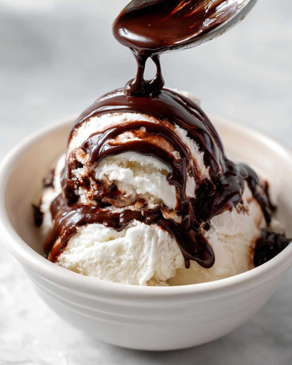 A spoonful of rich chocolate syrup is being drizzled over scoops of vanilla ice cream in a white bowl.