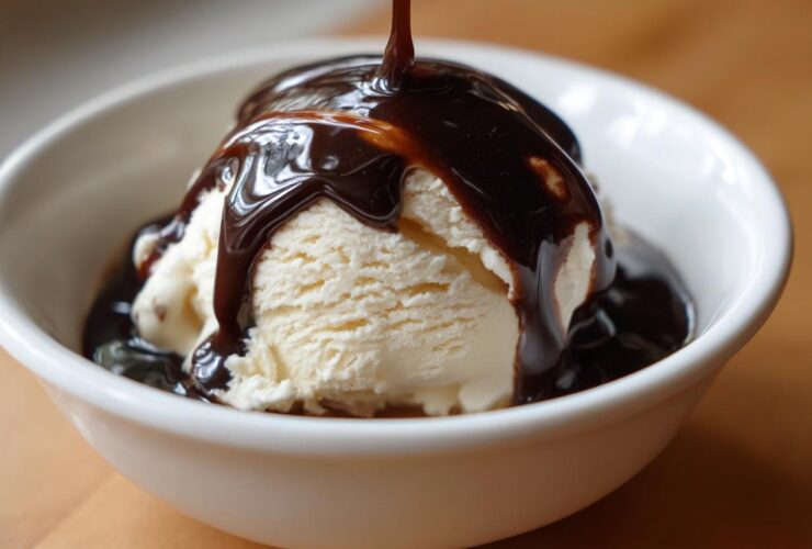 Close-up of thick, dark chocolate syrup being poured over a scoop of vanilla ice cream in a white bowl.