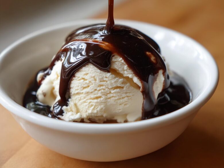 Close-up of thick, dark chocolate syrup being poured over a scoop of vanilla ice cream in a white bowl.