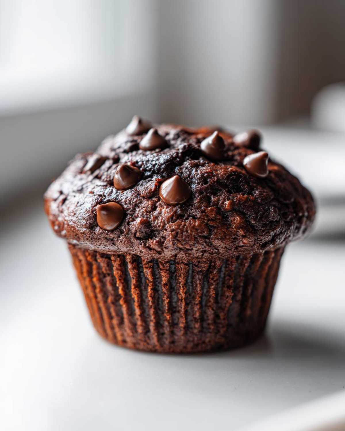 A close-up of a dark, rich chocolate zucchini muffin topped with whole chocolate chips.