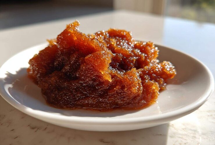 A close-up of thick, glistening, dark amber pear butter served on a small white saucer.