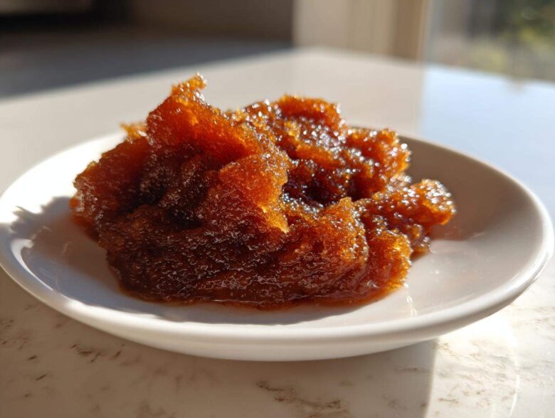 A close-up of thick, glistening, dark amber pear butter served on a small white saucer.
