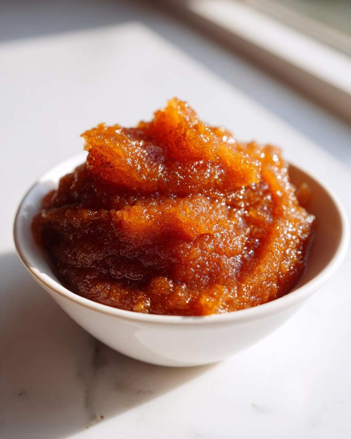 Close-up of thick, amber-colored pear butter with visible spice specks served in a small white bowl.