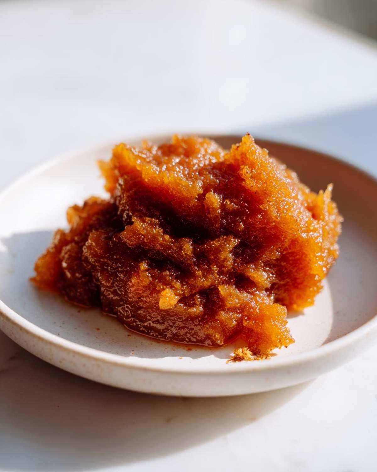 A close-up of thick, rich, dark orange pear butter piled on a small, light ceramic dish.