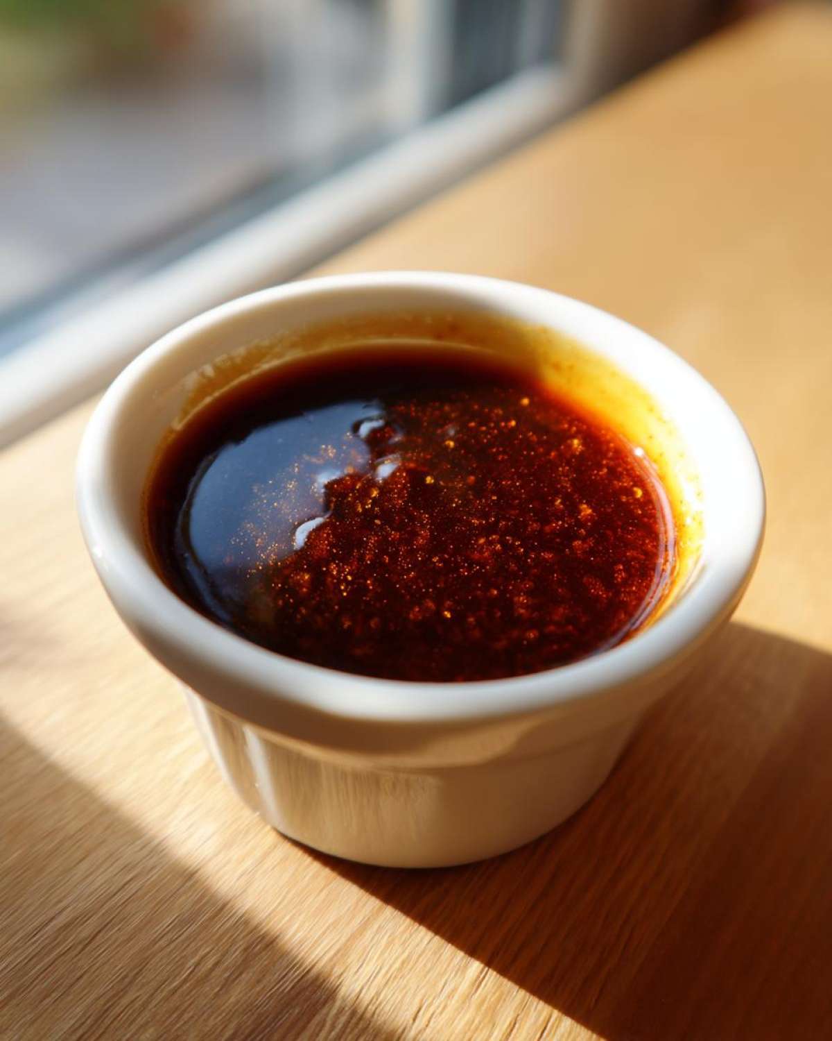 Close-up of rich, dark homemade teriyaki sauce glistening in a small white ramekin on a wooden surface.
