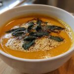 A close-up of creamy roasted butternut squash soup topped with browned butter and crispy sage leaves.