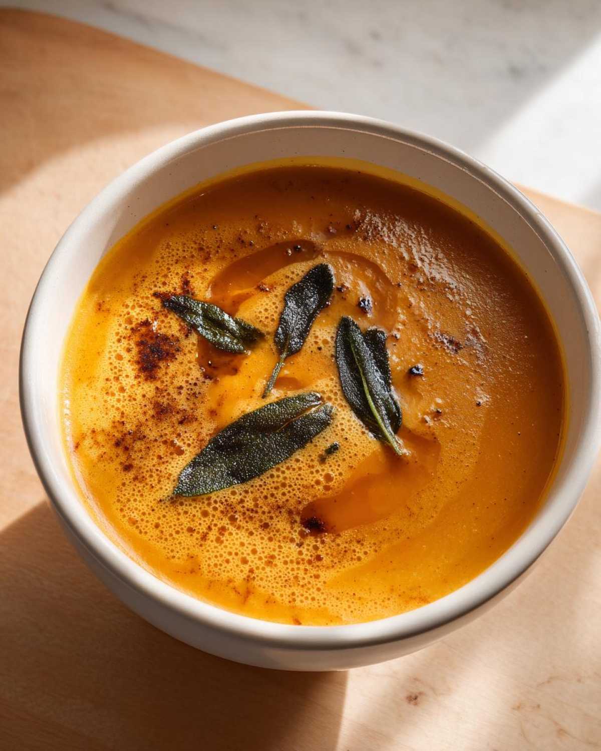 Close-up of a bowl of vibrant orange roasted butternut squash soup topped with fried sage leaves and a drizzle of oil.