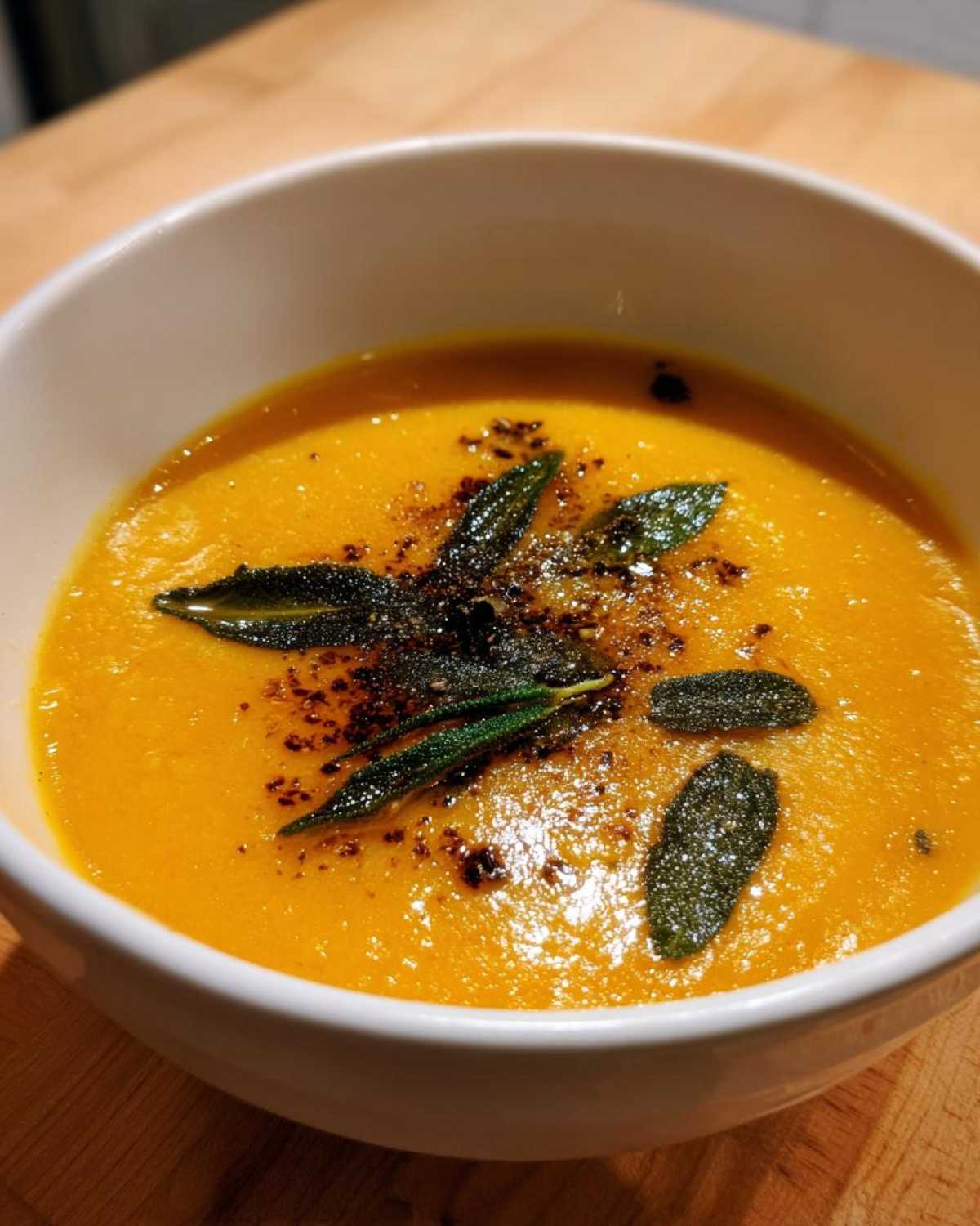 Close-up of vibrant orange roasted butternut squash soup topped with crispy sage leaves and cracked black pepper.