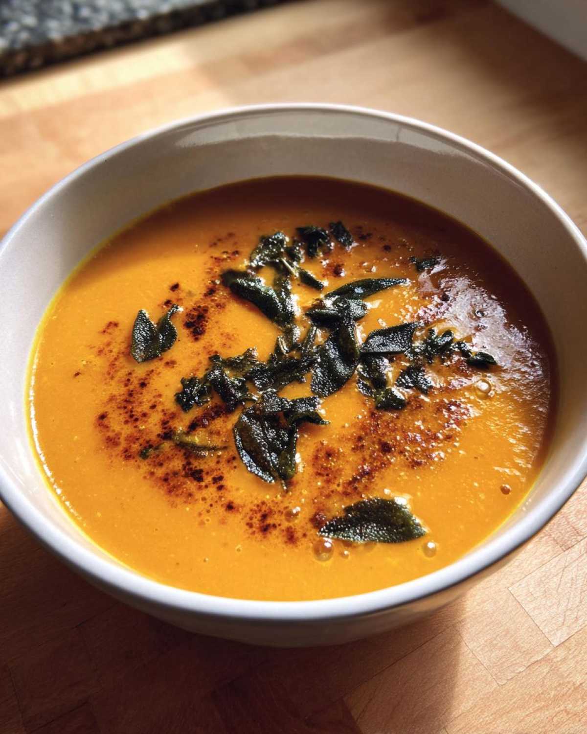 A close-up of vibrant orange roasted butternut squash soup topped with crispy sage leaves and spices.