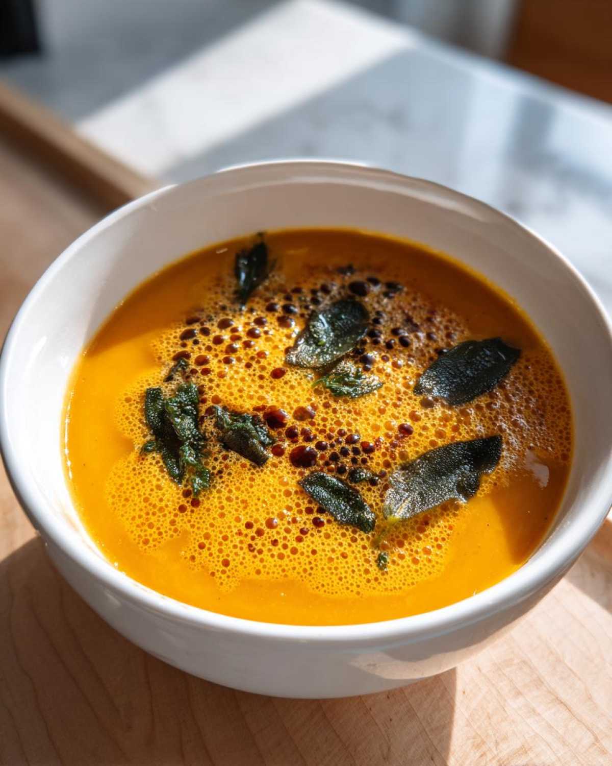 Close-up of vibrant orange roasted butternut squash soup topped with browned butter bubbles and crispy sage leaves.