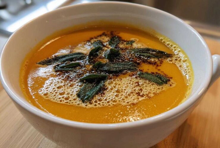 A close-up of creamy roasted butternut squash soup topped with browned butter and crispy sage leaves.