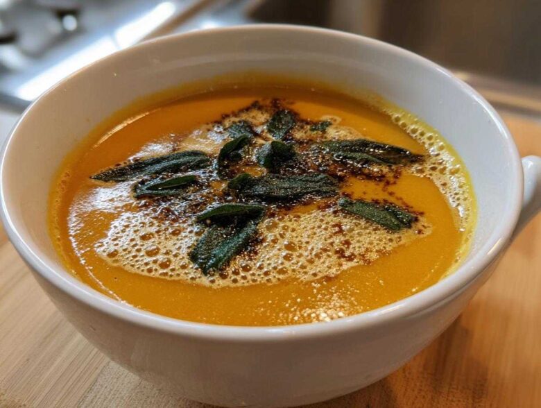 A close-up of creamy roasted butternut squash soup topped with browned butter and crispy sage leaves.