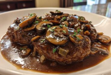 Close-up of two rich Salisbury steak patties smothered in brown mushroom gravy and fresh thyme.