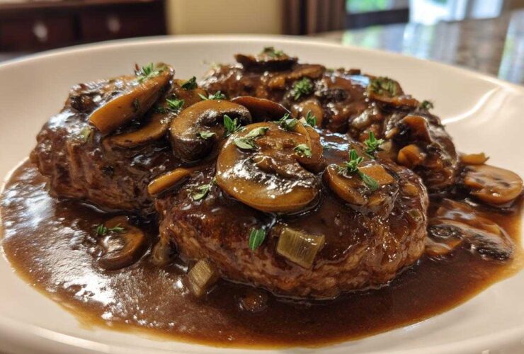 Close-up of two rich Salisbury steak patties smothered in brown mushroom gravy and fresh thyme.