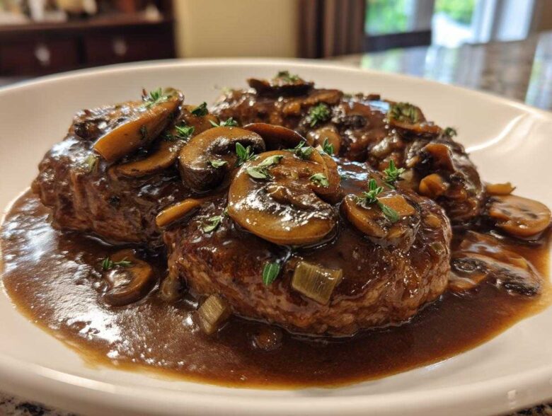 Close-up of two rich Salisbury steak patties smothered in brown mushroom gravy and fresh thyme.