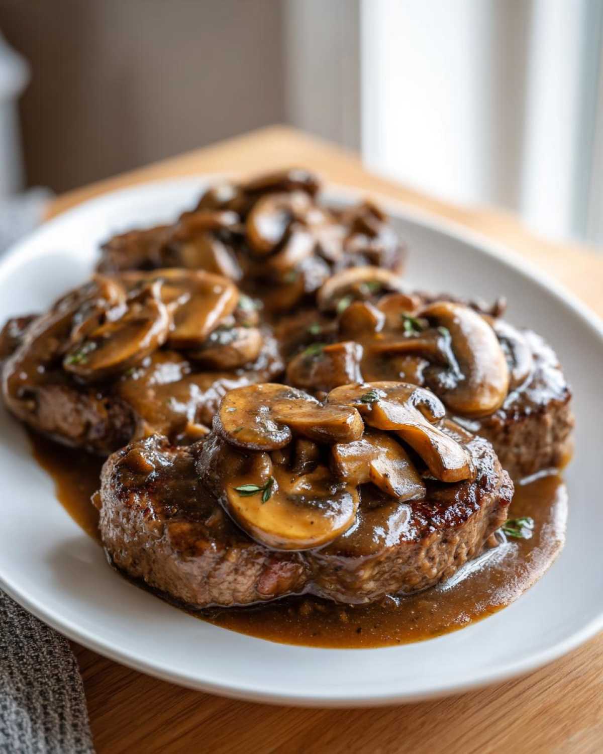 Close-up of three servings of Salisbury steak smothered in brown mushroom gravy and sliced mushrooms.