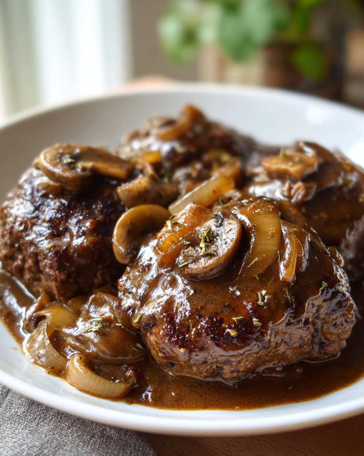 Three juicy Salisbury steak patties smothered in rich brown gravy with sautéed onions and mushrooms.