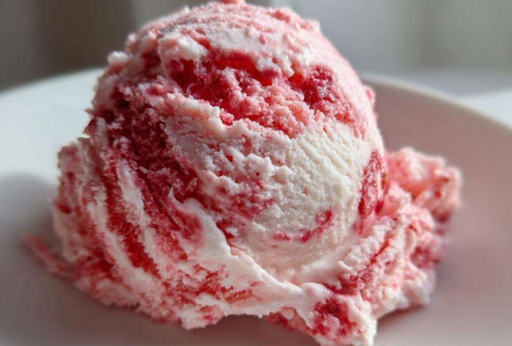Close-up of a single scoop of homemade strawberry ice cream with visible red swirls on a white plate.