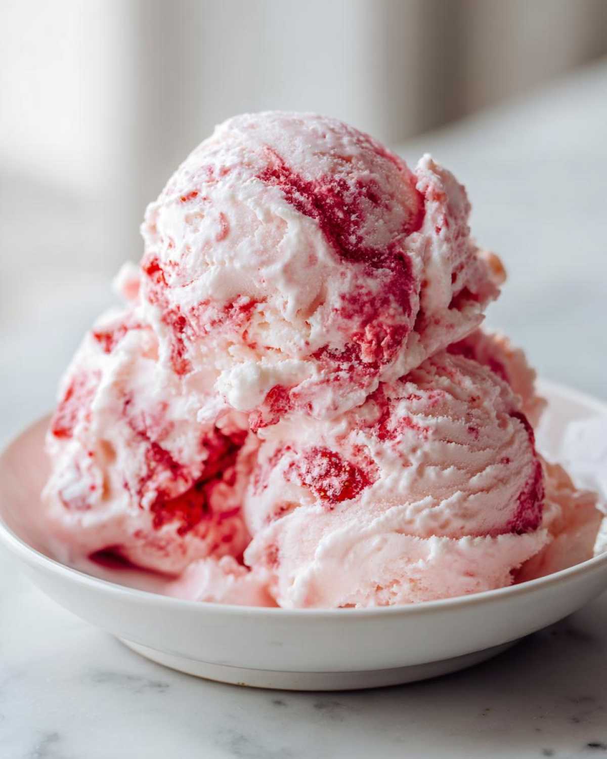 Three scoops of creamy, pink strawberry ice cream swirled with bright red strawberry puree in a white bowl.