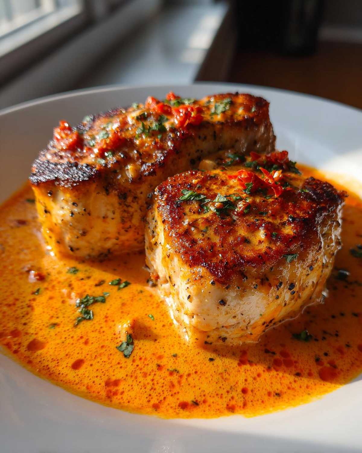 Two thick, seared chicken breasts smothered in a rich, creamy orange sauce, garnished with herbs and red pepper flakes, representing Marry Me Chicken.