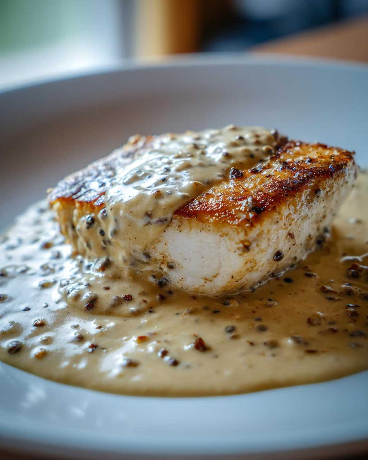 Close-up of a perfectly seared piece of meat smothered in rich, creamy peppercorn sauce.