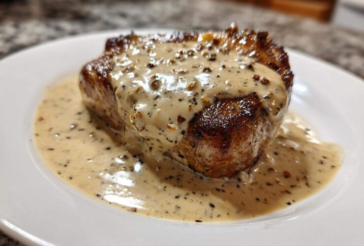 A perfectly seared steak generously topped with creamy peppercorn sauce on a white plate.