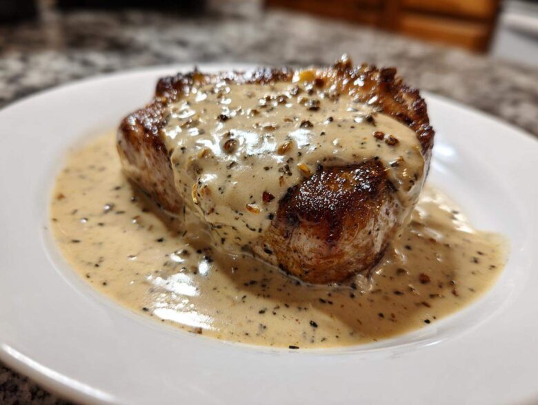 A perfectly seared steak generously topped with creamy peppercorn sauce on a white plate.