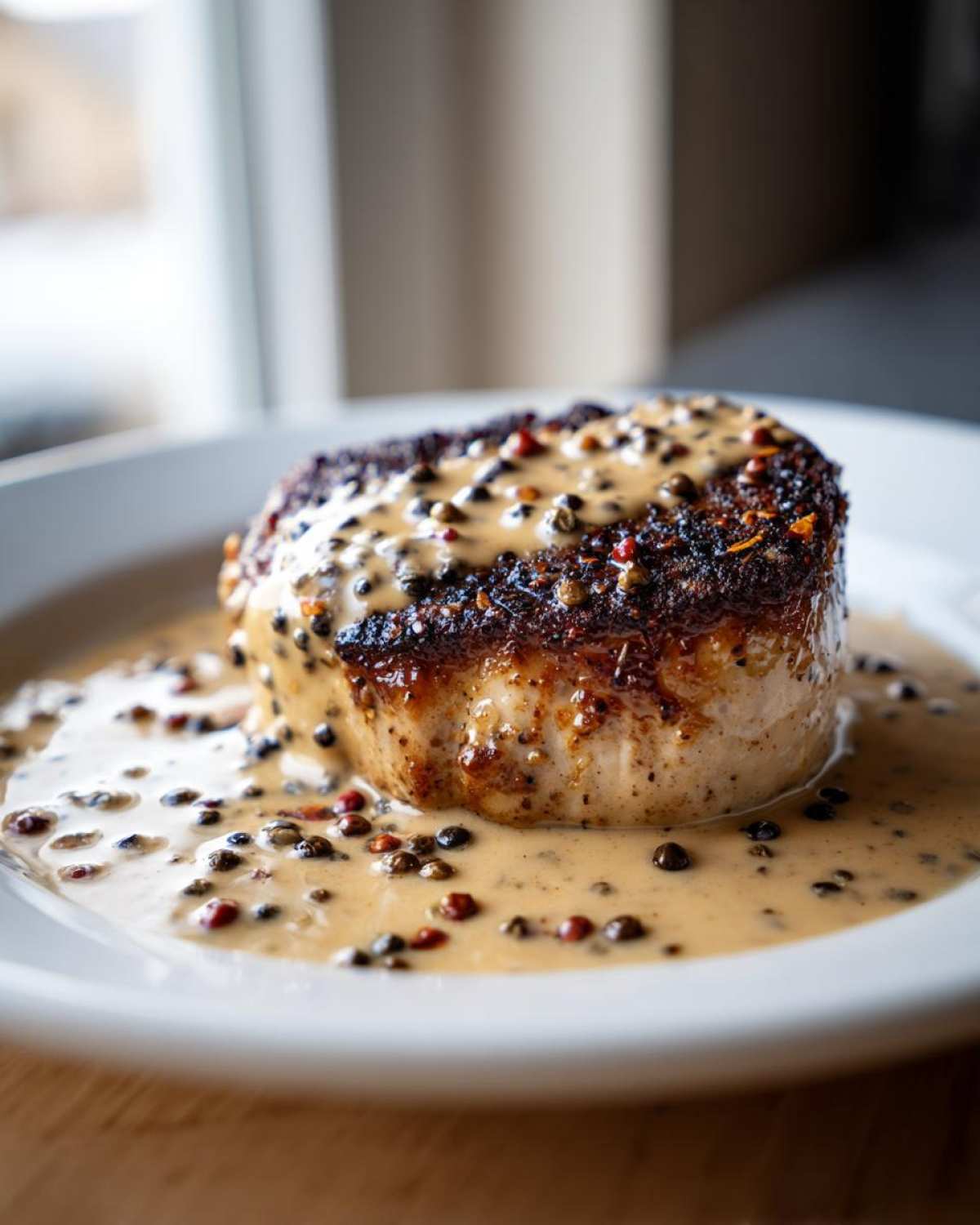 A thick, seared cut of meat generously topped with creamy peppercorn sauce and whole peppercorns.