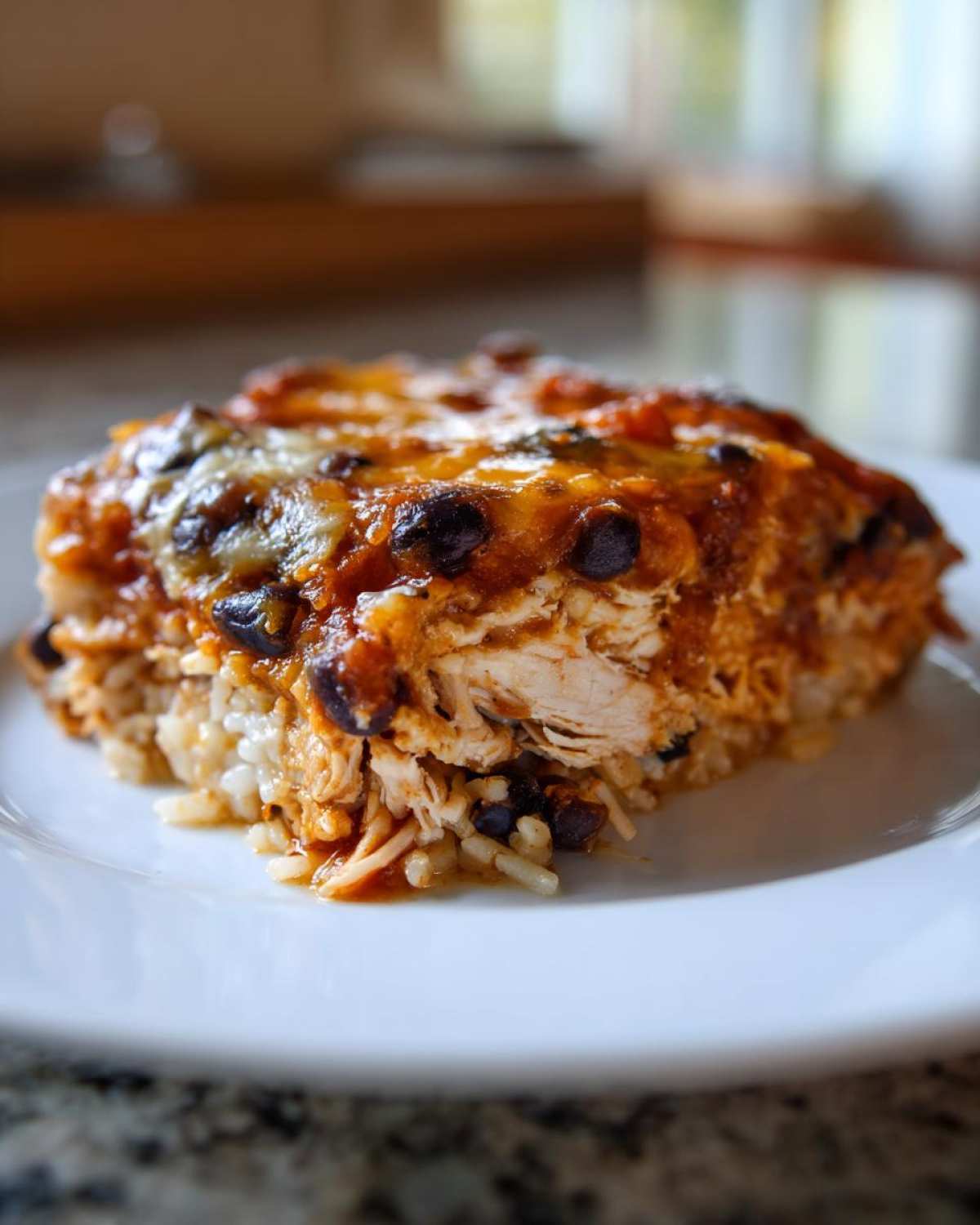 A close-up serving of a layered burrito bake featuring rice, shredded chicken, black beans, and melted cheese sauce.
