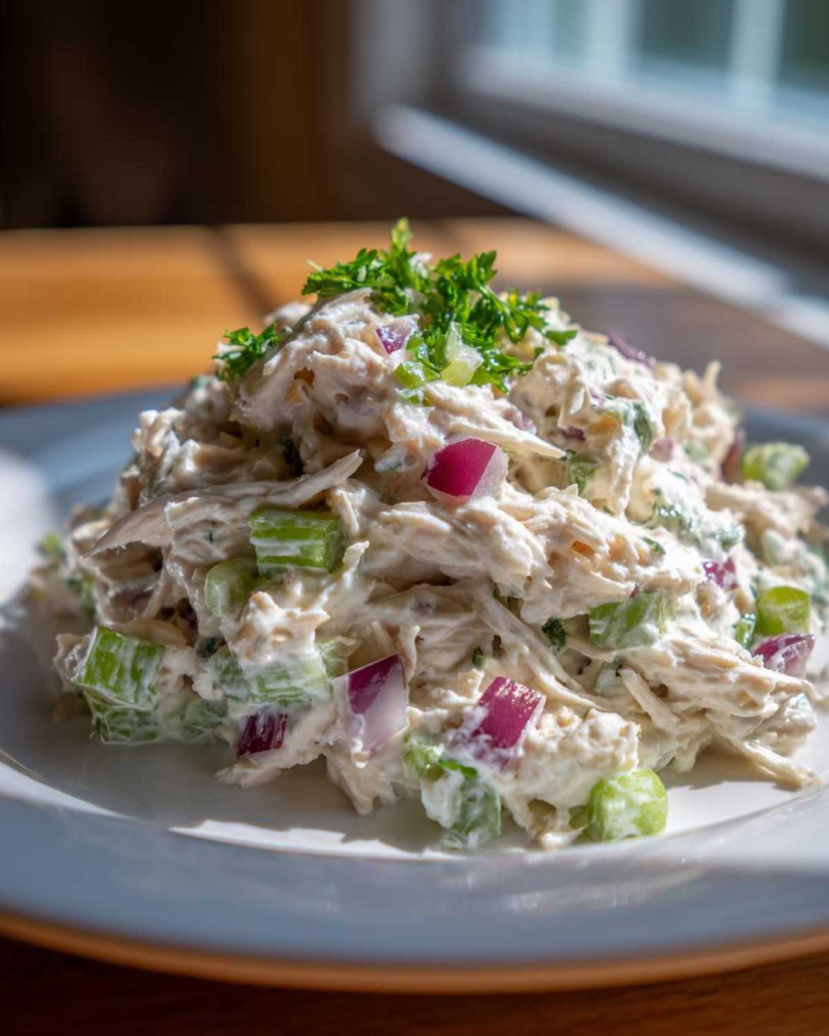 A mound of creamy greek yogurt chicken salad with visible chunks of red onion and celery, topped with fresh parsley.