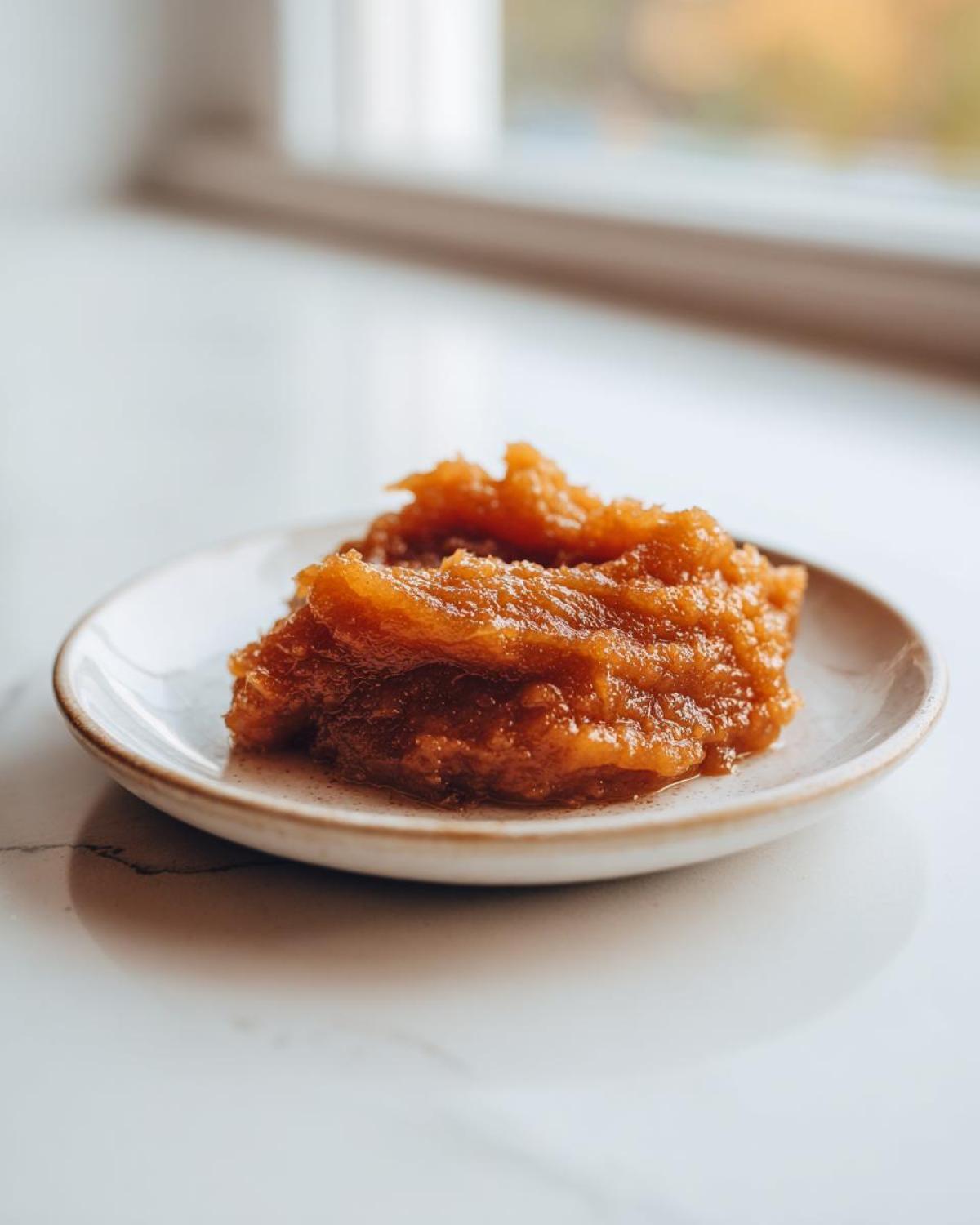 A dollop of rich, caramelized pear butter served on a small, speckled white plate.