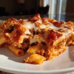 Close-up of a serving of baked pizza pasta, featuring penne pasta, rich tomato sauce, and melted mozzarella cheese.