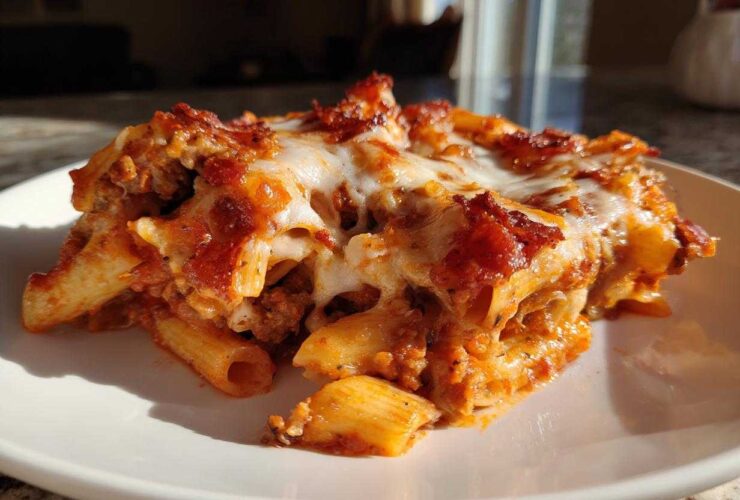 Close-up of a serving of baked pizza pasta, featuring penne pasta, rich tomato sauce, and melted mozzarella cheese.