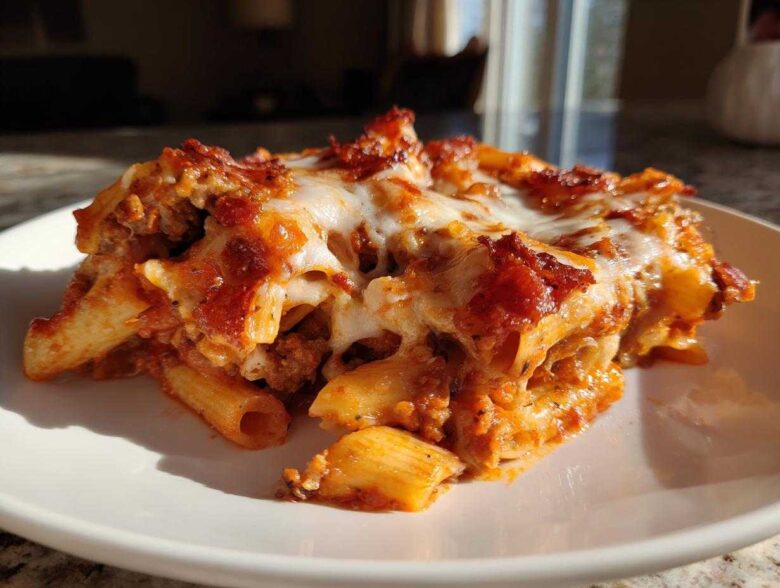 Close-up of a serving of baked pizza pasta, featuring penne pasta, rich tomato sauce, and melted mozzarella cheese.